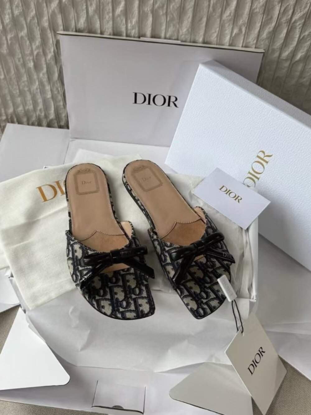 Dior Oblique Jacquard Bow Square Toe Slide Sandals